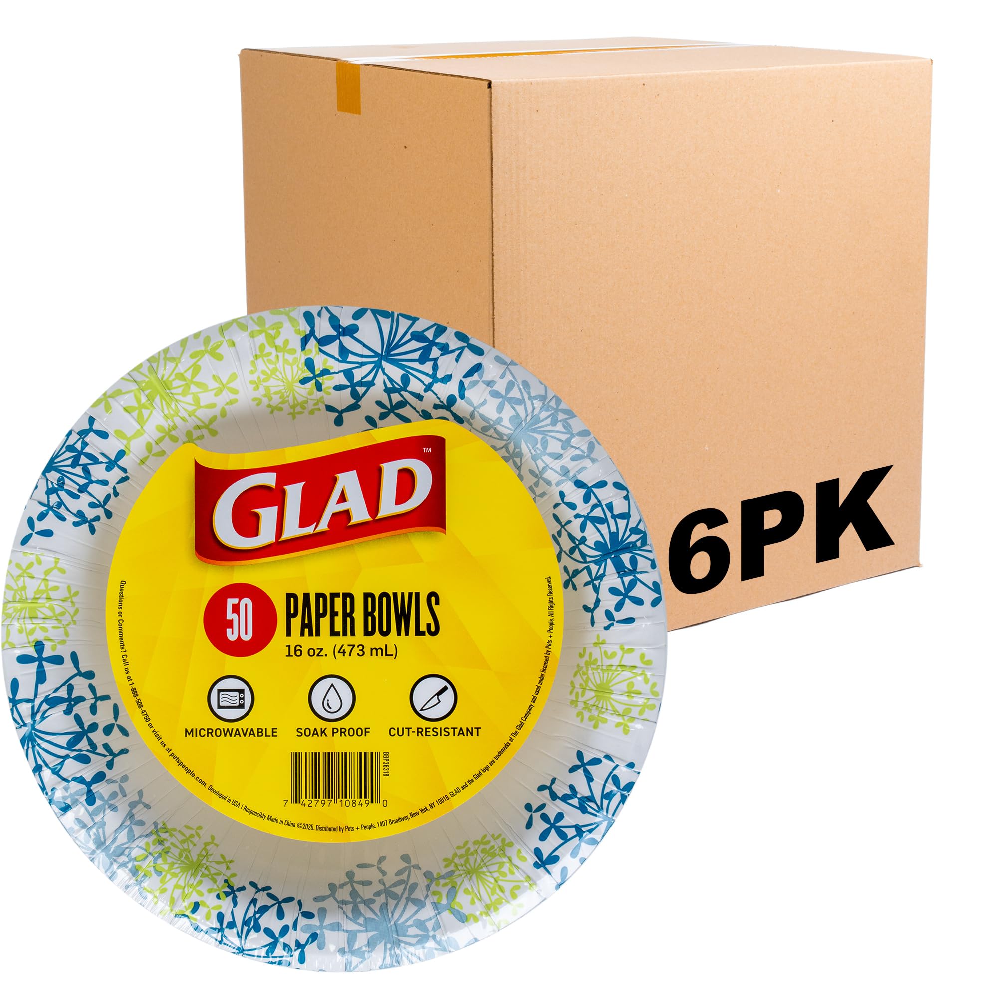 Glad Round Disposable Paper Bowls, Blue Hydrangea Design – Heavy Duty, Soak Proof, Cut-Resistant, Microwavable Bowl for All Foods & Daily Use, 16 Oz, 50 Count – 6 Pack