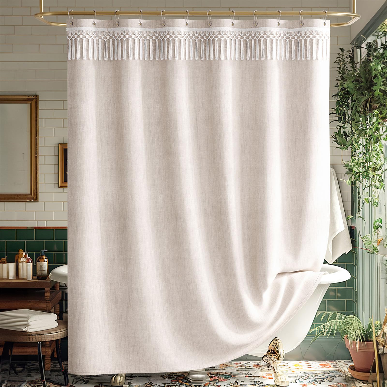 Photo 1 of Amazer Bath Boho Farmhouse Shower Curtain Beige with Top Tassels, Faux Linen Fabric Neutral Shower Curtain Set with Hooks, Water Repellent, 72x72 Inches