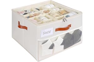HOMICKER Shoe Organizer for Closet, Shoe Storage Box, Foldable Shoe Box with Adjustable Dividers and Clear Cover, Closet Shoe Organizer Fits up to 16 Pairs, 1-Pack, Extra Storage Pocket for Socks