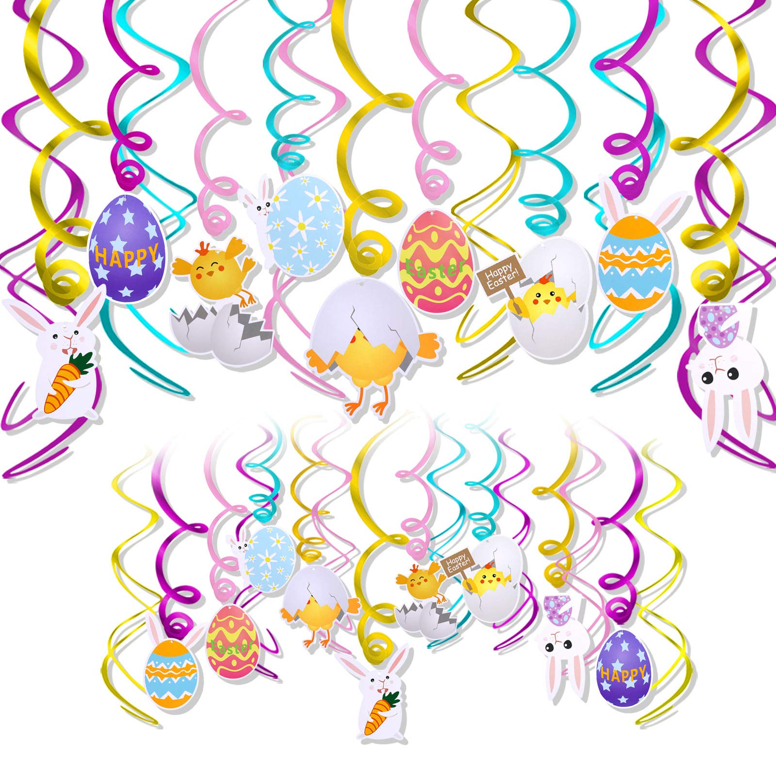 HOWAF Happy Easter Hanging Decorations, 30pcs Easter Foil Hanging Swirl Decorations for Ceiling Easter Spiral Streamers Easter Party Decorations, Easter Egg Rabbit Bunny Chick Carrot Chicken