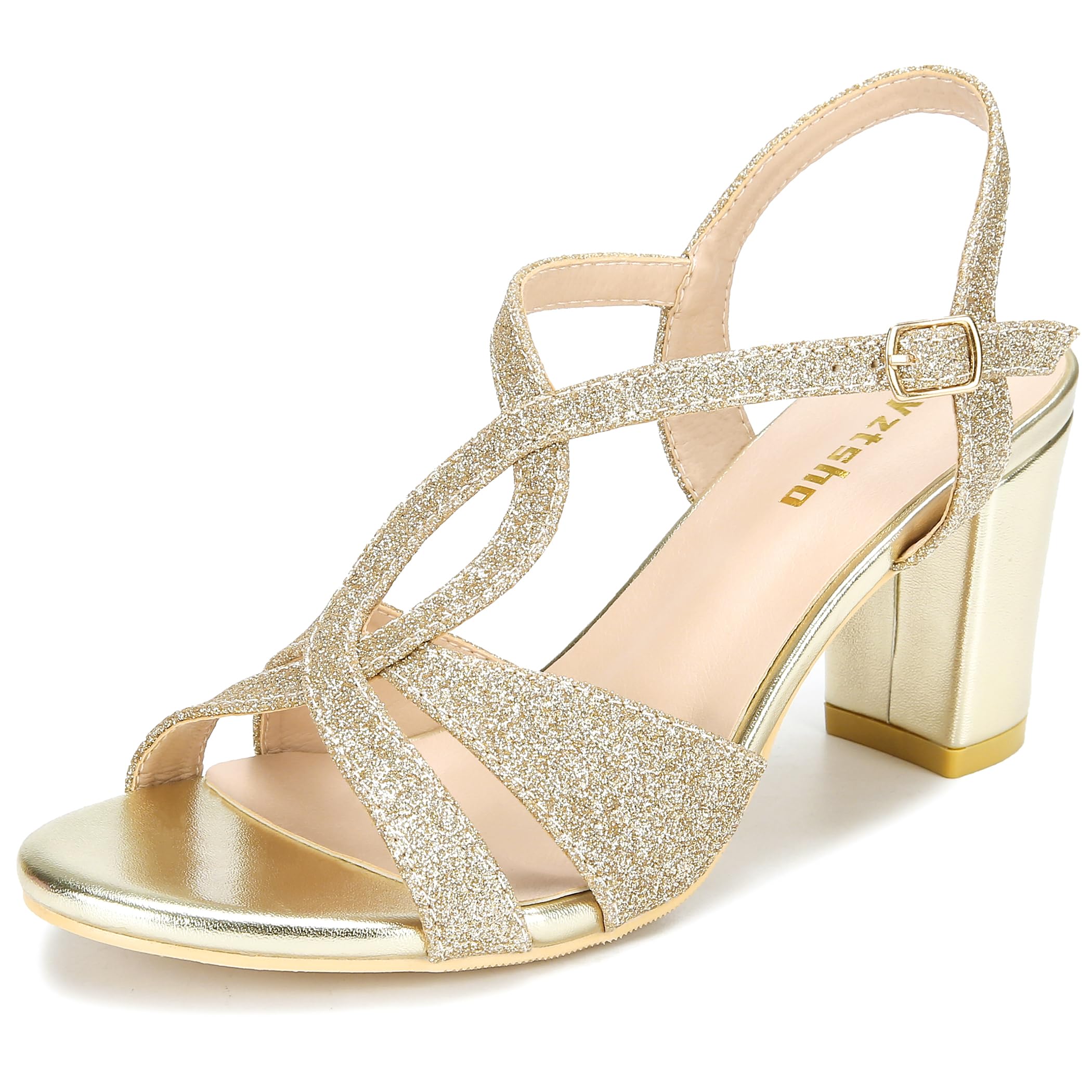 Women Dazzled Open Toe Ankle Strap Sparkly Strappy Chunky Heels