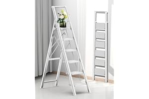 COROCO 6 Step Ladder for 12 Feet High Ceiling, Folding Step Stool with Handgrip and Anti-Slip Wide Pedal, Portable Lightweight Aluminum Stepladder for Kitchen, Home (300 lbs Capacity) - White