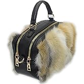 Luxury Genuine Nordic Fox Fur Small Square Handbag, Leather Purse with Detachable Crossbody Strap, Elegant and Fashion