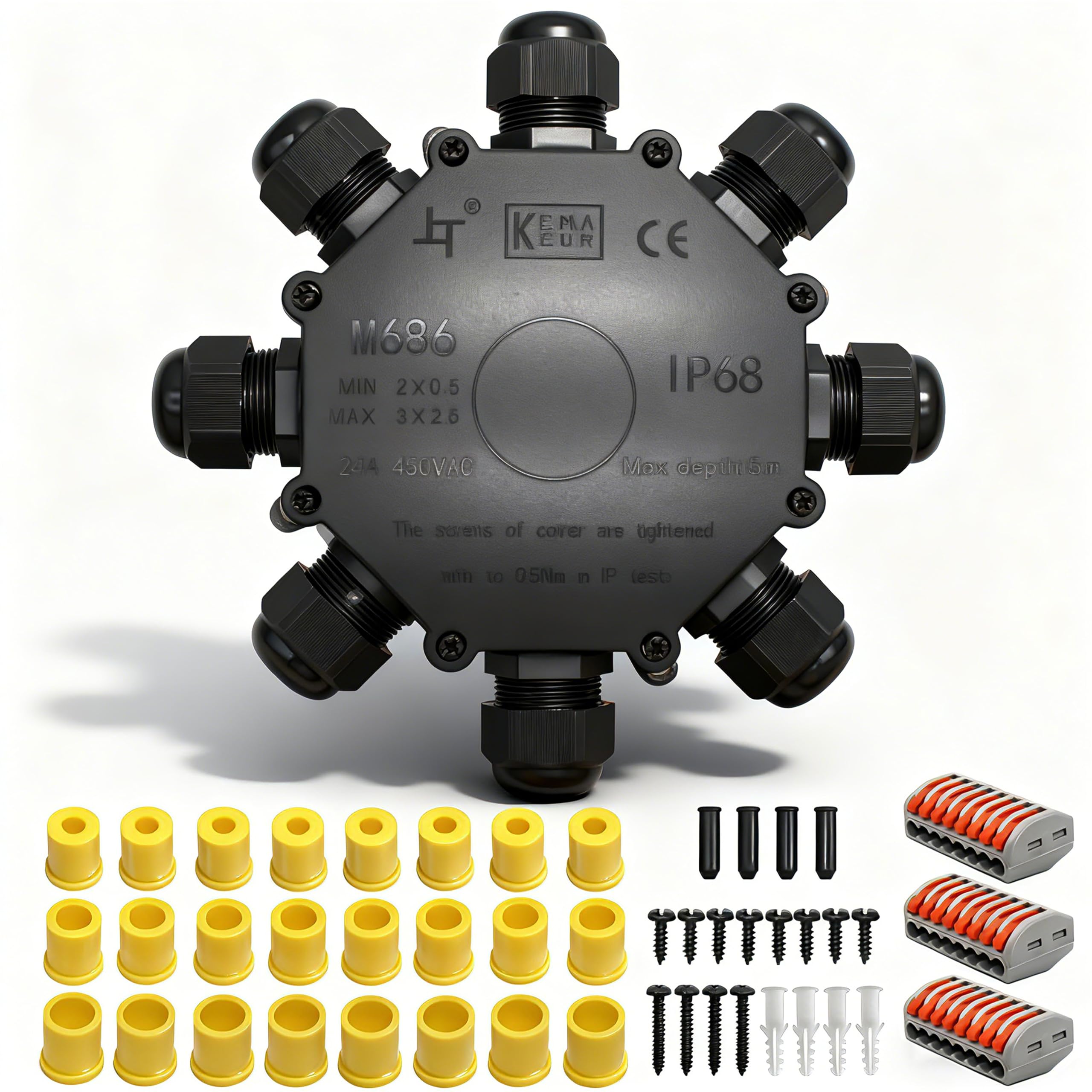 IP68 Waterproof Junction Box, HUYU 8-Way Outdoor Cable Connectors with 8 Cable M25 Gland Wire Connector Electrical Junction Box for 4-14MM Diameter Cable, 3 PCS 8-OUT Quick Terminal, Black