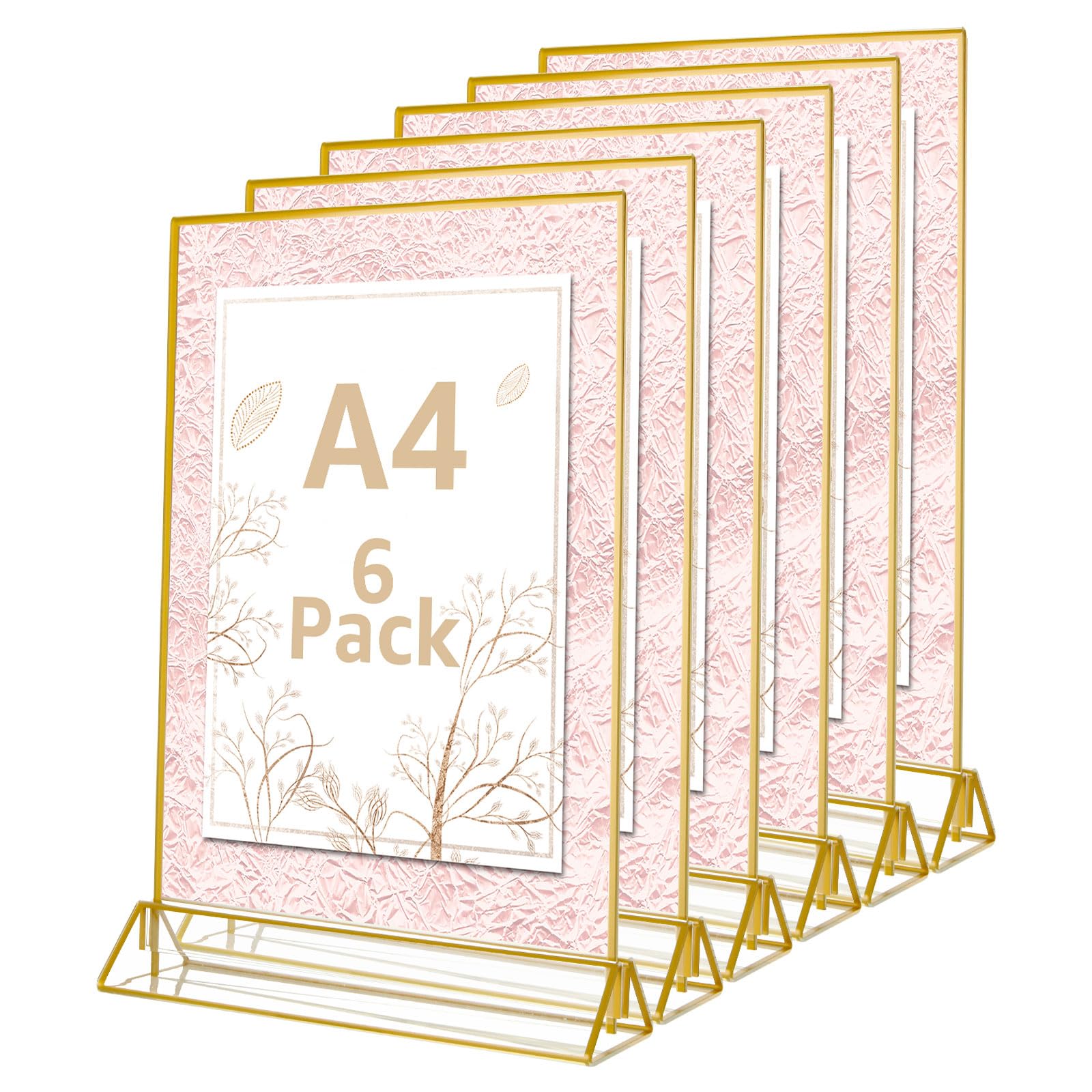 YAYODS 6 Pack A4 Acrylic Sign Holder, Double Sided A4 Display Stands with Gold Borders, Poster Menu Holders Stand for Tables, Perspex Display Stands for Office Restaurant Wedding