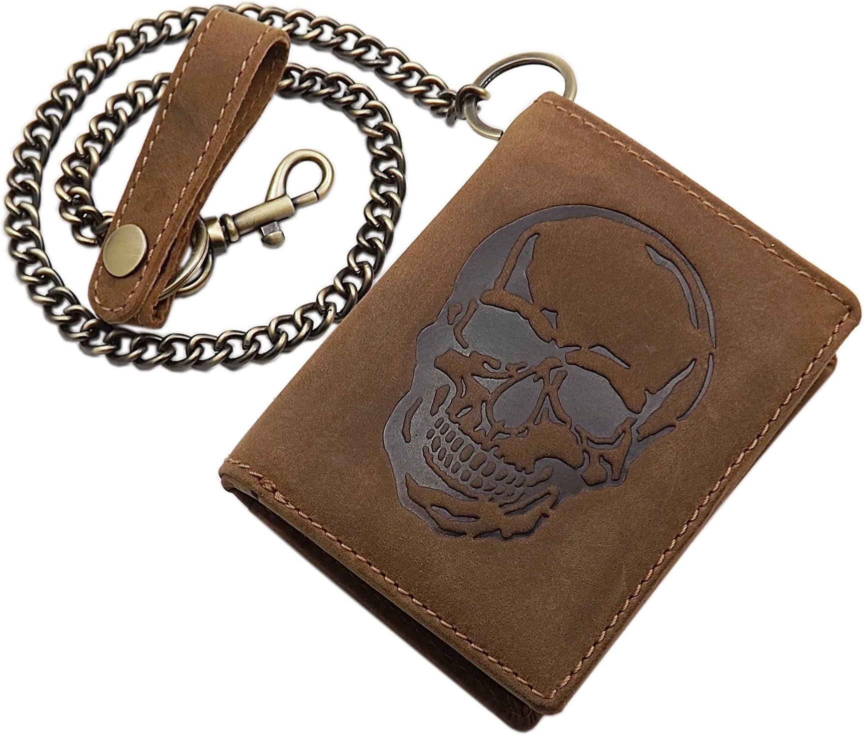 Buffalo Full Leather Biker Wallet with Metal Chain with Skull Motif with RFID & NFC Blocking in Black or Brown (Brown)