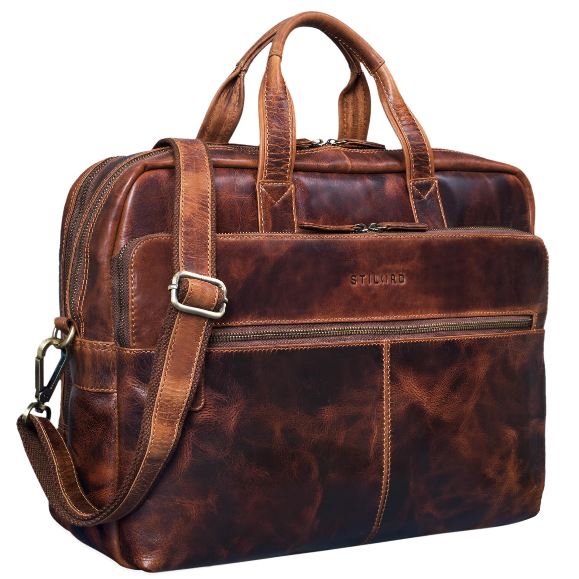 STILORD "William" Business Bag Men Leather Briefcase College Bag Shoulder Bag Satchel XL Vintage 15.6 inch Laptop Bag Large Working Bag Office Bag Colour:Kara - Cognac