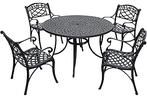 Crosley Furniture Sedona 5-Piece Outdoor Dining Set for 4, 46" Cast Aluminum Round Patio Table and Chairs, Black