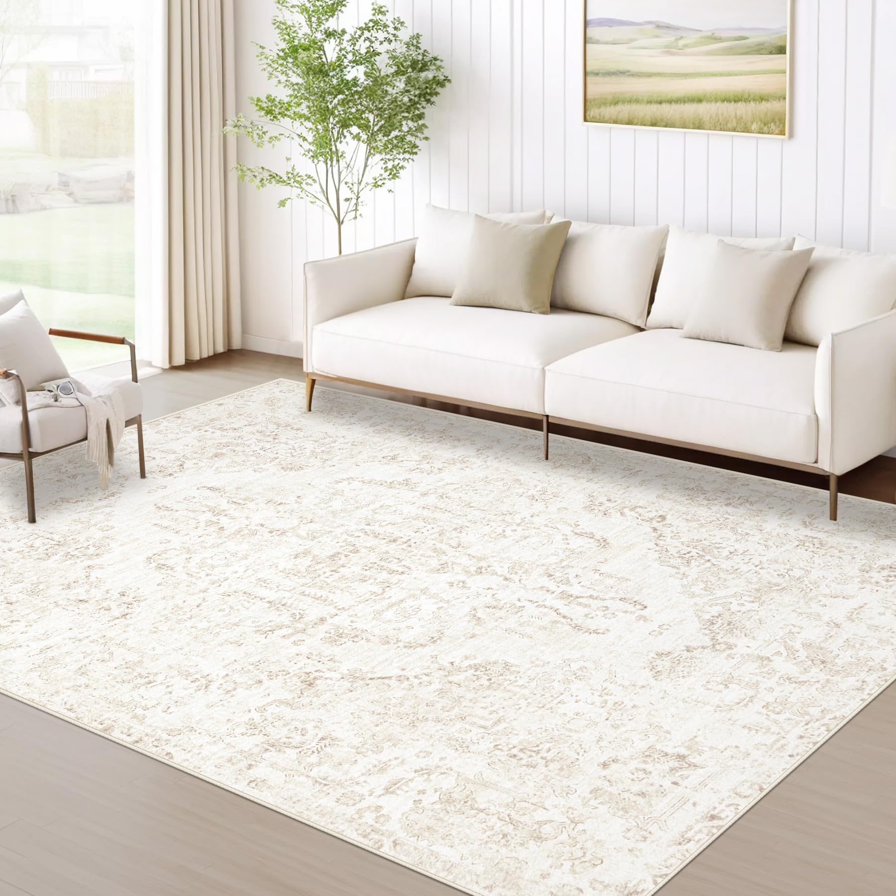 Photo 1 of 6x9 Area Rugs for Living Room: Washable Rug Vintage Large Rugs Soft Non Slip Low Pile Rug Floral Distressed Floor Carpet for Bedroom Kitchen Nursery Dining Room Home Office (Beige, 6'x9')