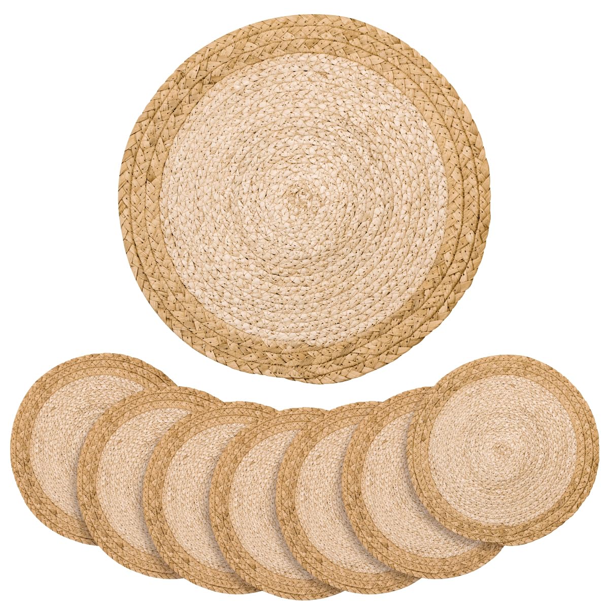 Photo 1 of 13 in Round Woven Placemats Plate Chargers Set of 8, Boho Farmhouse Rustic Place Mats for Dinner Plates, Rattan Wicker Braided Table Mats Chargers for Dining Table Decor