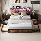 VINGLI Queen Bed Frame with 4 Storage Drawers and Headboard, Metal Platform Panel Bed with Charging Station and RGB LED Lights, No Box Spring Needed, Noise Free, Easy Assembly, Vintage Brown