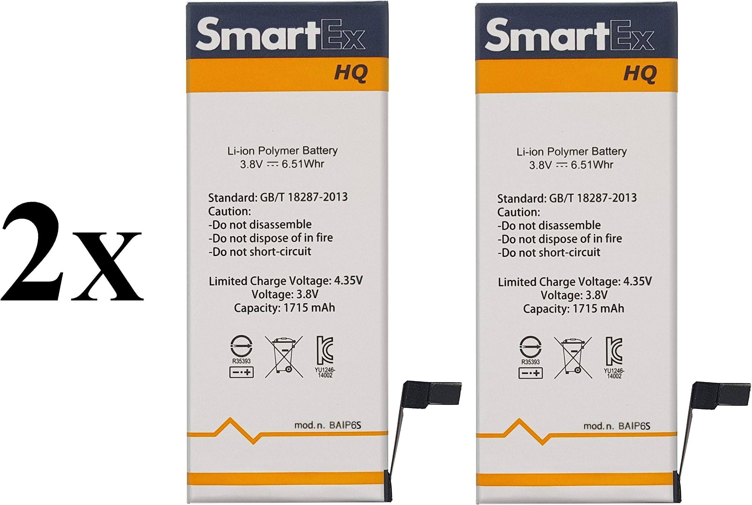 Smartex® 2 X Replacement Battery compatible with iPhone 6S | Capacity 1715 mAh | Battery without Charge Cycles | 24 Months Guarantee