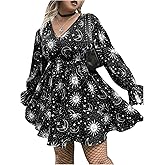 Floerns Women's Plus Size Galaxy Print V Neck Flounce Long Sleeve Swing Dress