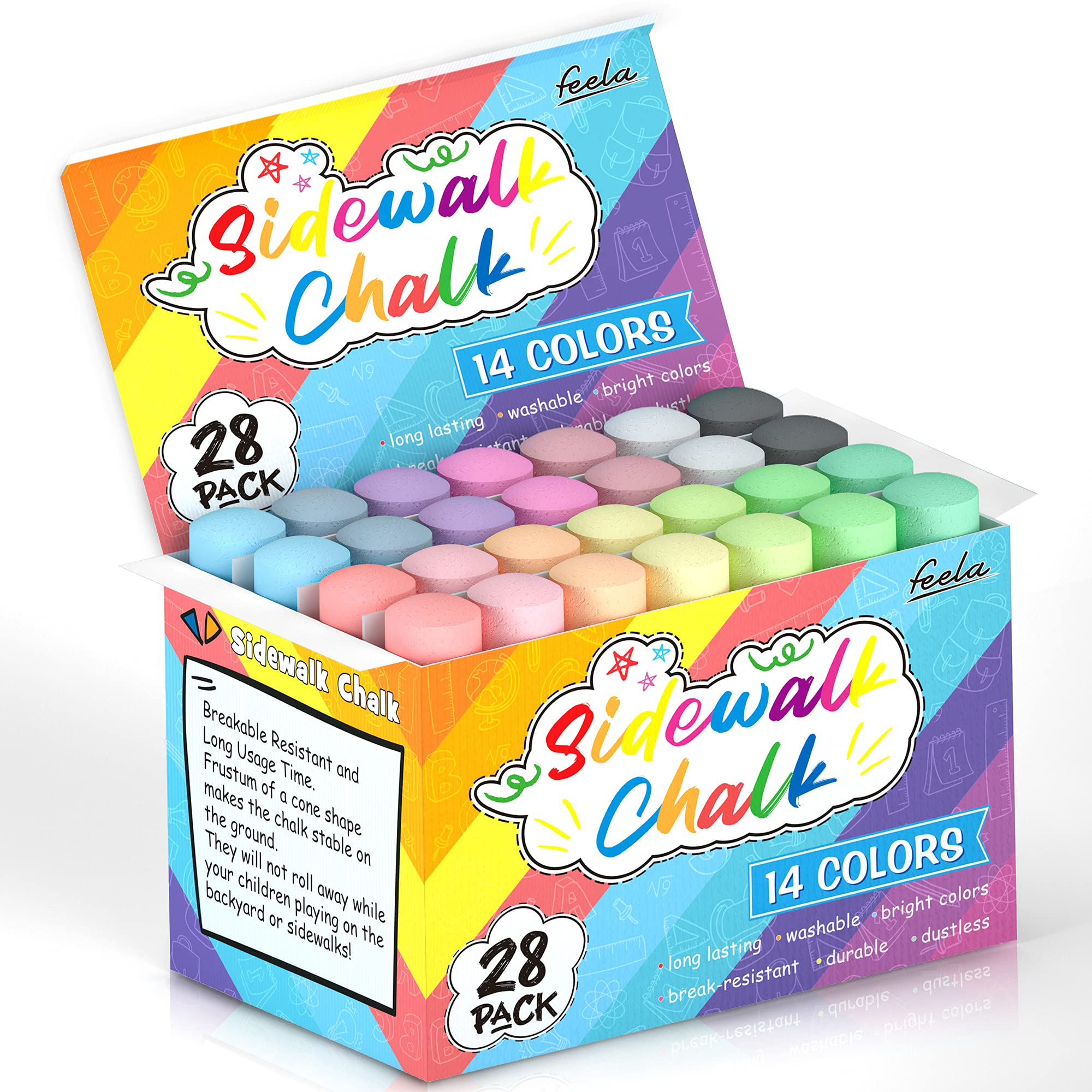feela 28 Pack Jumbo Chalks for Children, 14 Coloured Sidewalk Chalks for Kids Toddlers, Pavement Outdoor Chalk Set for Painting on Sidewalk School Chalkboard Blackboard Street Playground