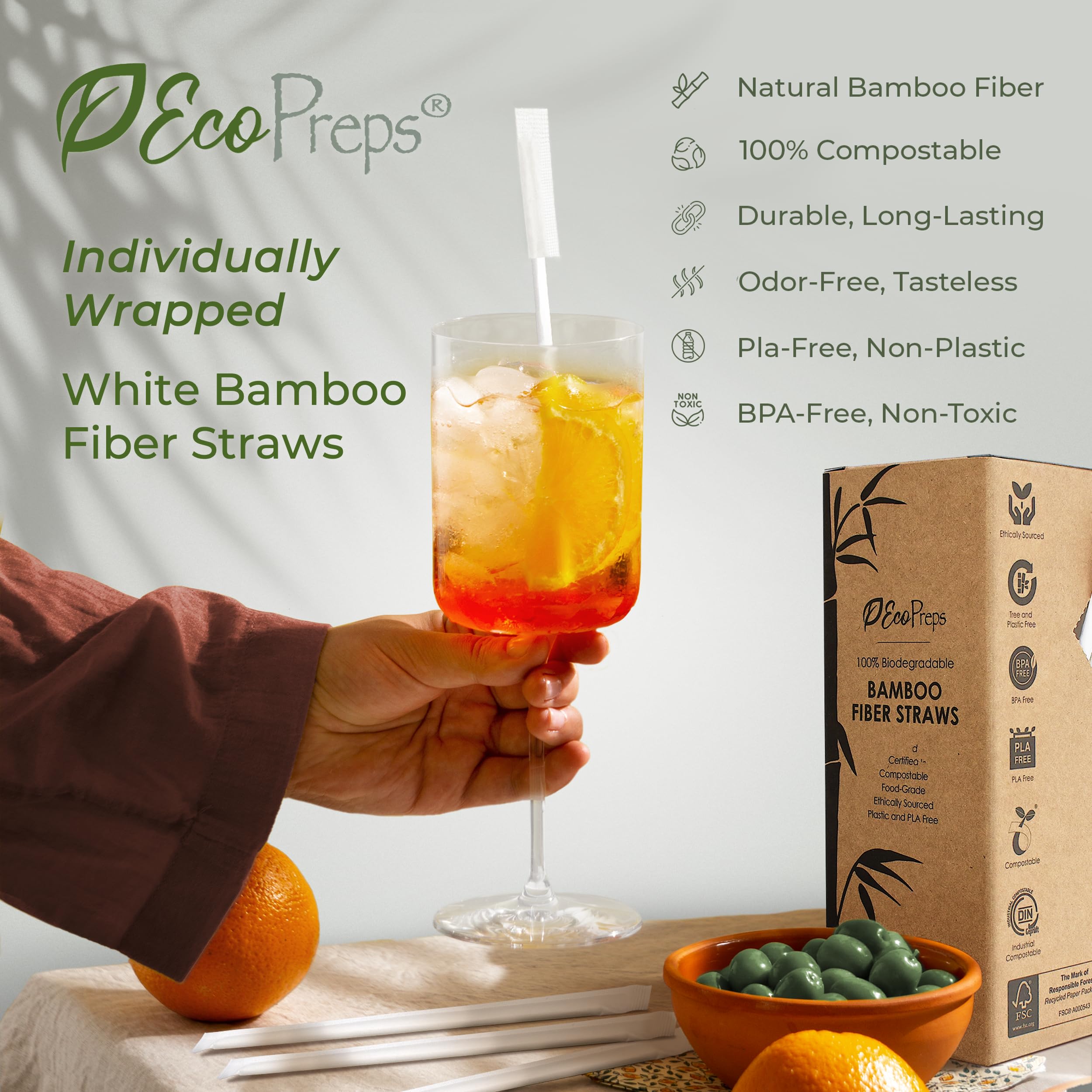 EcoPreps Biodegradable Bamboo Fiber Straws, Compostable Individually Wrapped Straws | 100 Count, 100% Plastic-Free, Eco-Friendly Drinking Straw | 7.8'' Plant Fiber Disposable Straw in White Paper Wrap - Image 3