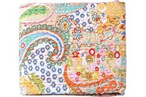 Rajasthaniartdecor Vintage Handmade Kantha Quilt Indian Traditional Bed Cover Throw Paisley Printed Kantha Quilts (Beige Color, Twin (60x90 Inch))