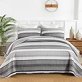 DJY Grey Striped Quilt Set King Size, Gray Stripe Boho Patchwork Bedspread Coverlet Set Soft Microfiber Bohemian Quilt Bedding Set 3 Pieces for All Season
