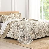 Luxudecor Floral Quilt Set King Size 3 Pieces Vintage Flower Bedspread with Pillow Shams Soft Microfiber Coverlet Bedding Set Reversible Bed Cover for All Seasons Neutral