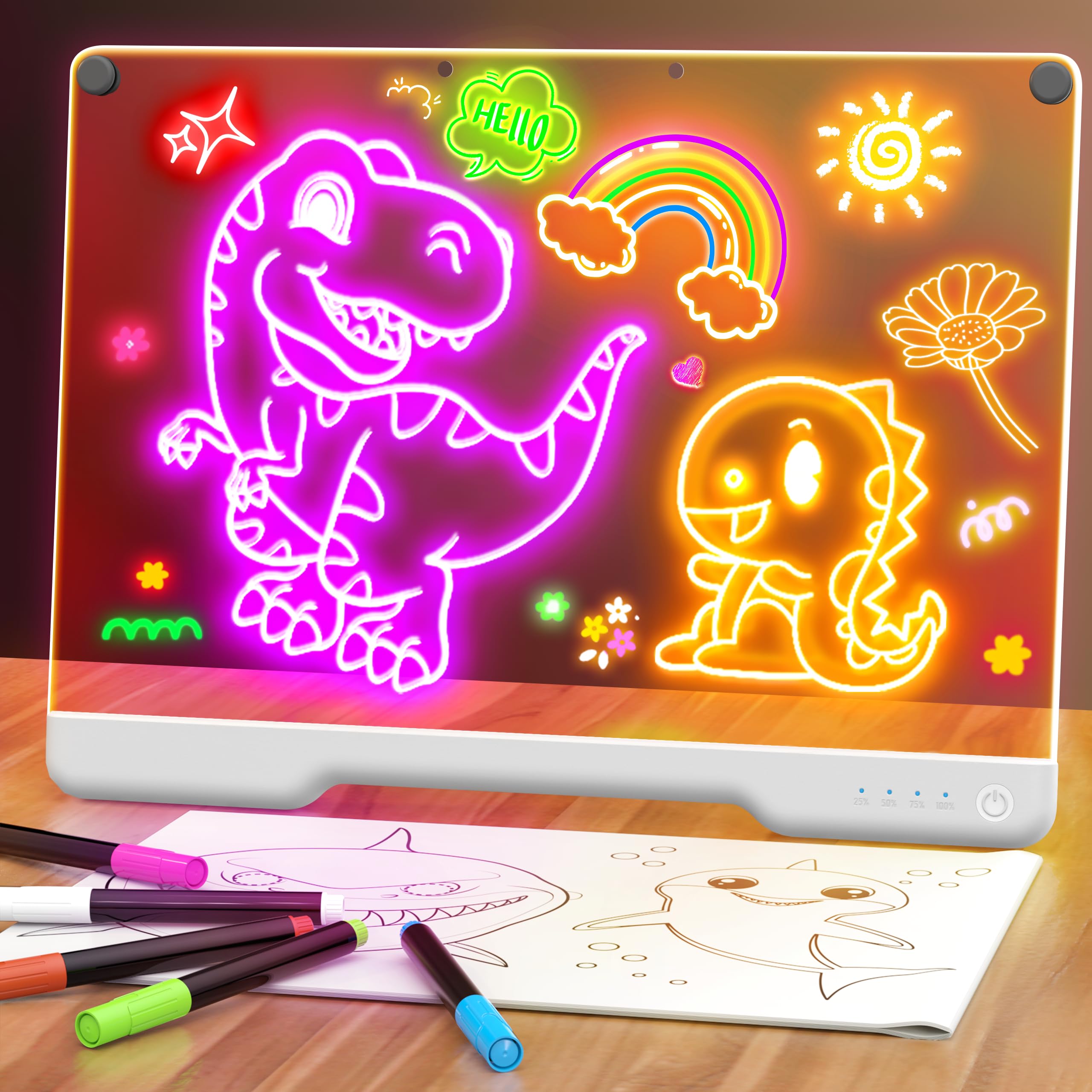 LED Note Board with 7 Color Light Modes, 16-Inch Rechargeable Neon Glow Art Dry Erase Light Up Drawing Pad with Built-in Stand for Kids, Sketching Gift Toy for Teens, 5 Markers, White