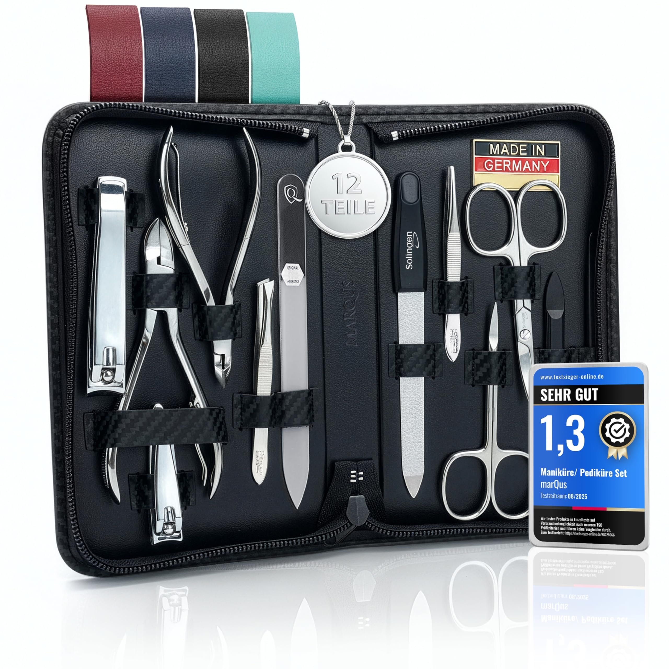 Solingen Manicure Set for women and men - 12 pcs kit - made in Germany incl. nail nippers, glass nailfile & pedicure tools - For natural, ceramic & painted nails, carbon