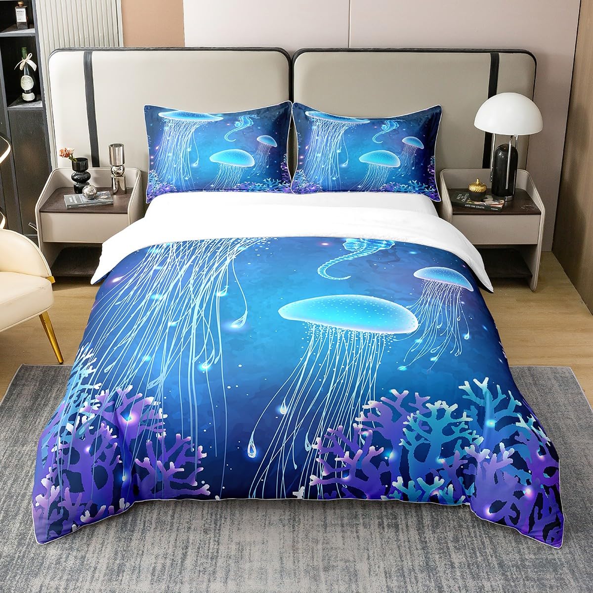 Loussiesd Jellyfish 100% Cotton Duvet Cover King Size Ocean Sea Creature Underwater World Bedding Cotton Duvet Cover Set for Bedroom Marine Life Sealife Blue Bedding Set