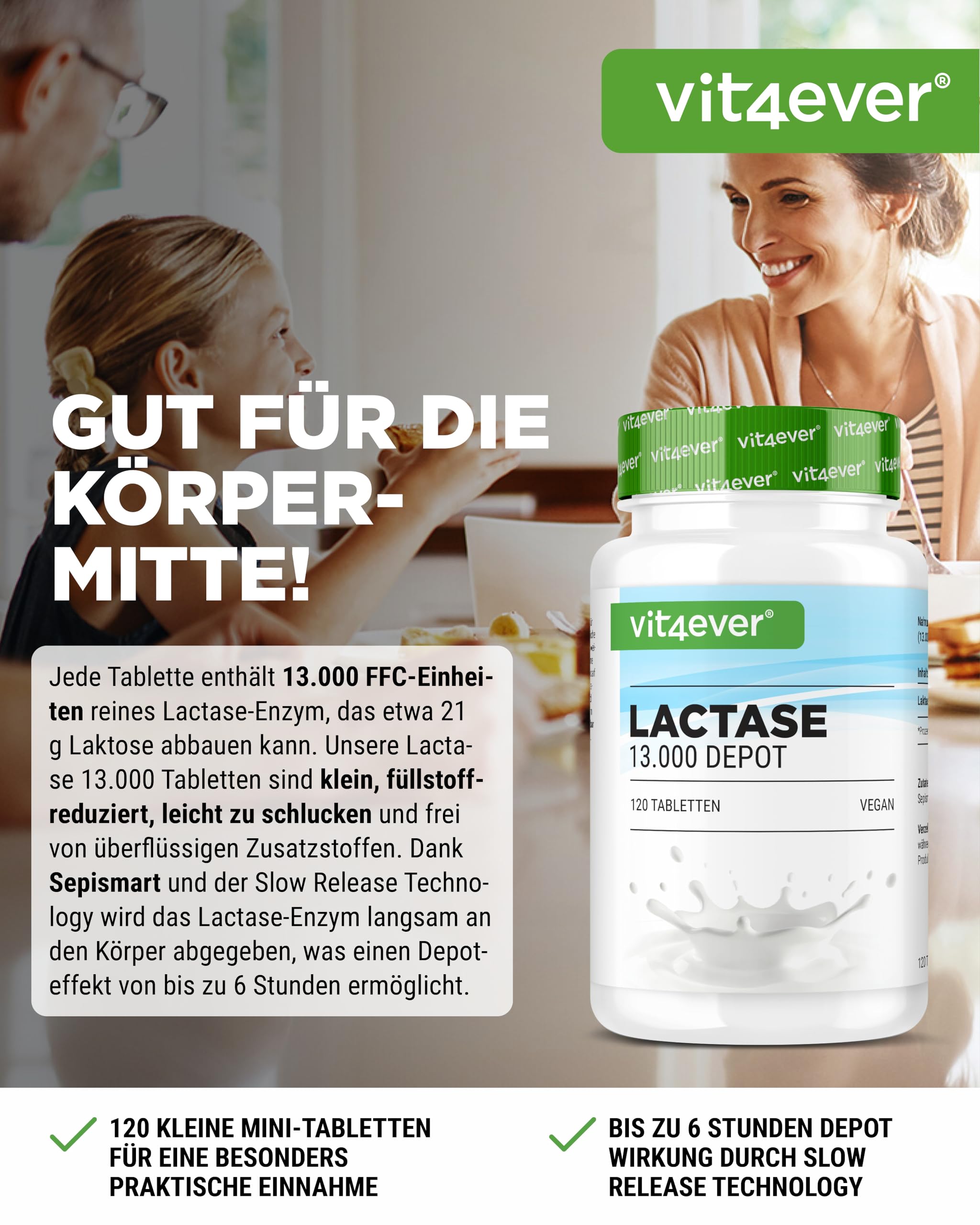 vit4ever Laktase 13.000 Depot - 120 Tabletten mit Depotwirkung (Sepismart® Slow Release) - Hochdosiert mit 13.000 FCC-Einheiten - Bei Laktoseintoleranz + Milchunverträglichkeit - Vegan 2