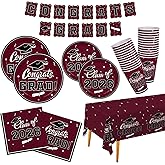 Graduation decorations 2026 Maroon Congrats Grad Party Dinnerware Set Disposable Paper Plates Napkins Cups Tablecloth Banner for Congrats Graduation Decorations 2026 deals, Serve 25