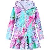 Ghteas Girls Swim Cover Up Dress Long Sleeve Hooded Zip Up Bathing Suit Cute Ruffle Coverup Kids Pool Beach Robe 4-10Y