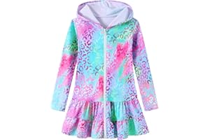 Ghteas Girls Swim Cover Up Dress Long Sleeve Hooded Zip Up Bathing Suit Cute Ruffle Coverup Kids Pool Beach Robe 4-10Y