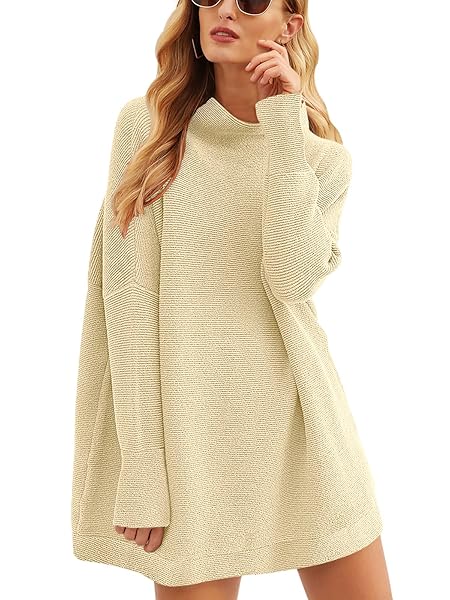 PRINBARA WOMEN’S CASUAL TURTLENECK BATWING SLEEVE OVERSIZED RIBBED KNIT TUNIC SWEATERS PULLOVER TOPS