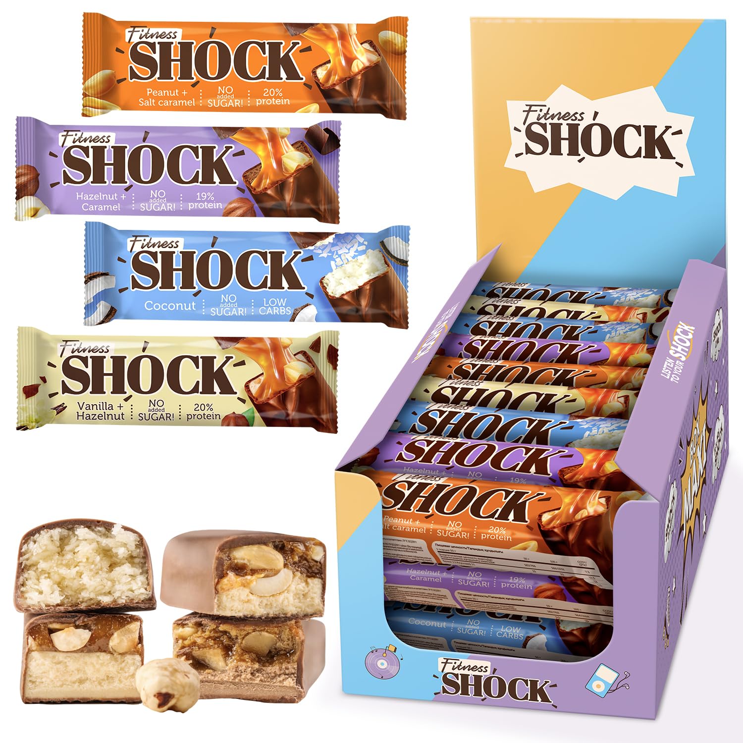 Fitnesshock Protein Bars High Fiber, Low Carb Protein Snack Bars – No Added Sugar, Rich Chocolate Flavors | Variety Box | 24x50g