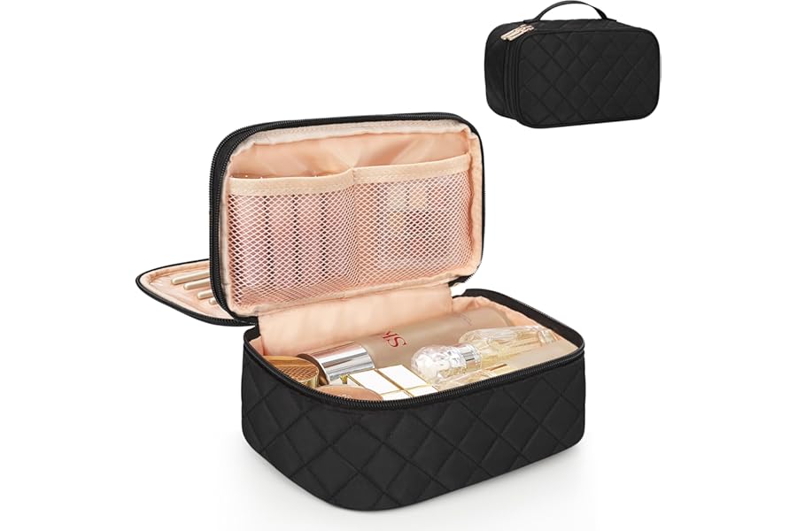 Relavel Makeup Bag, Small Makeup Bag for Women, Travel Cosmetic Bag, 2 Layers Waterproof Makeup Organizer Storage with Makeup Brush Holder, Black