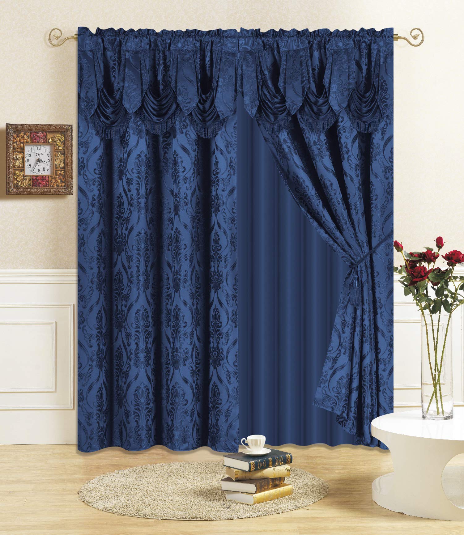 All American Collection 4 Piece Curtain Set with Valance and Sheer Curtain Set Including 2 Tie Backs (84 Inches Long, Navy Blue)