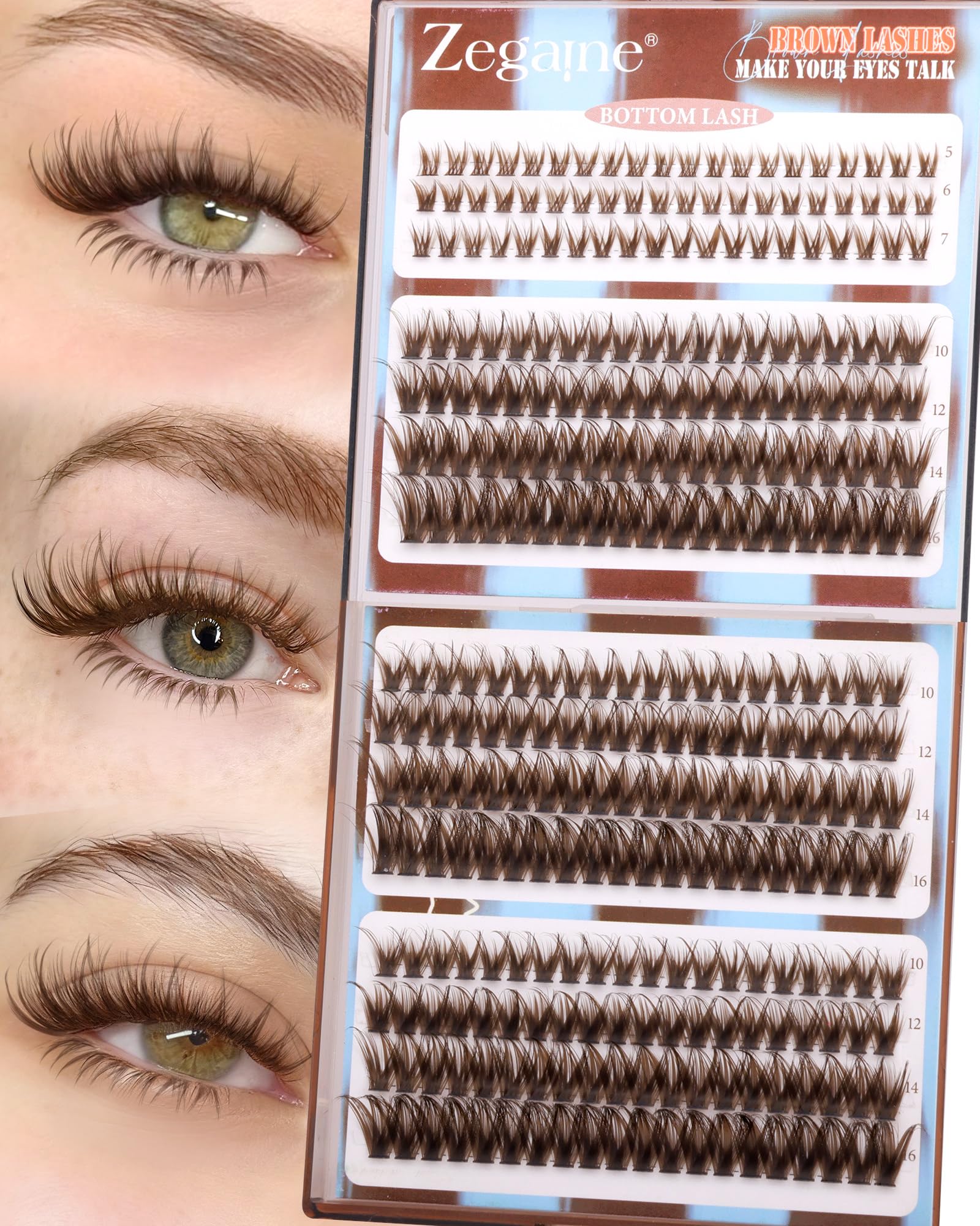 Photo 1 of Brown Lash Clusters With Bottom Eyelash Clusters Natural Look Cluster Eyelash Extensions 300Pcs Brown Wispy Lash Clusters D-Curly Individual Lashes 10-16MM by Zegaine