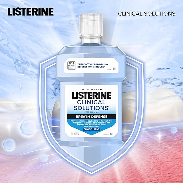 LISTERINE CLINICAL SOLUTIONS BREATH DEFENSE ALCOHOL FREE MOUTHWASH, ORAL RINSE WITH A TRIPLE-ACTION FORMULA FIGHTS BAD BREATH FOR 24 HOURS, SMOOTH MINT FLAVOR, 500 ML