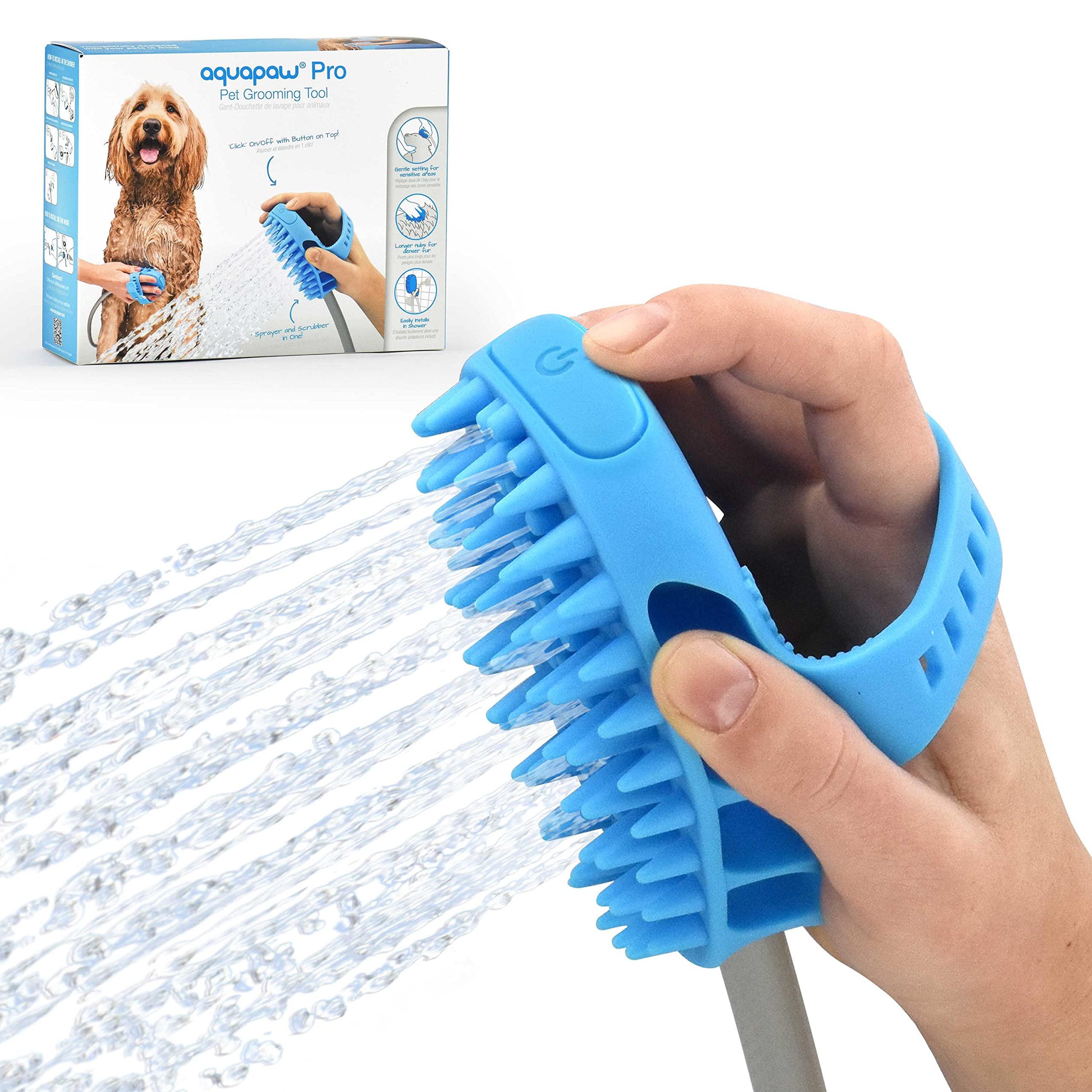 Aquapaw 4 in 1 Dog Bath Brush Pro for Dog Washing, Scrubbing, Massaging & Grooming | As Seen on Shark Tank - Fast & Easy Indoor & Outdoor Pet Shower & Sprayer Attachment | Includes 8-Foot Hose | Blue