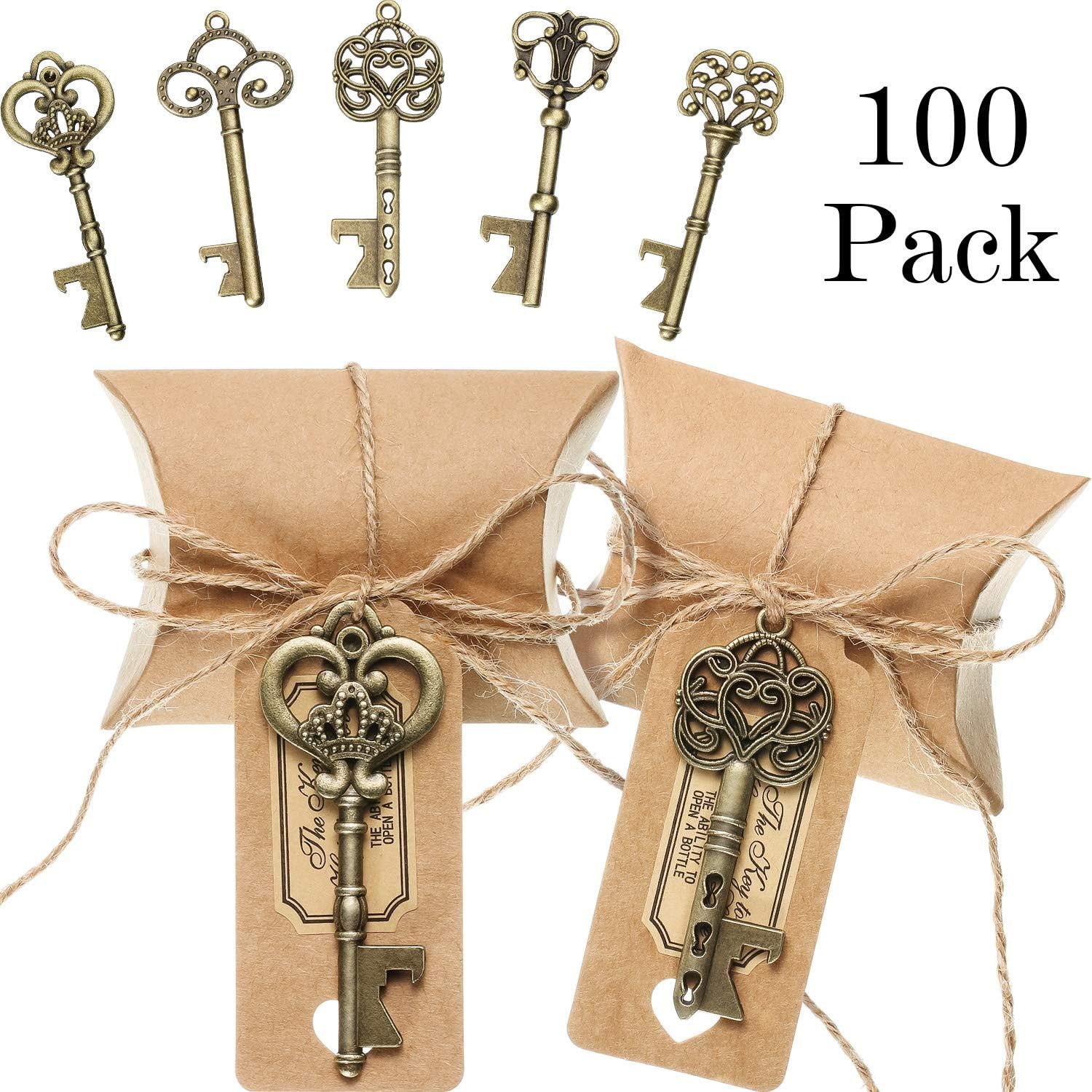 100 Sets Vintage Key Bottle Openers Wedding Favor Souvenir Gift Set Pillow Shape Candy Gift Box Escort Thanks Tag Sticker Hemp Rope (Antique Bronze)