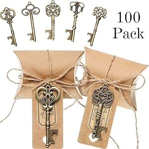 100 Sets Vintage Key Bottle Openers Wedding Favor Souvenir Gift Set Pillow Shape Candy Gift Box Escort Thanks Tag Sticker Hemp Rope (Antique Bronze)