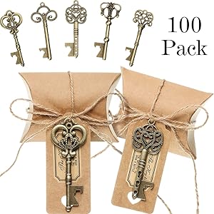 100 Sets Vintage Key Bottle Openers Wedding Favor Souvenir Gift Set Pillow Shape Candy Gift Box Escort Thanks Tag Sticker Hemp Rope (Antique Bronze)