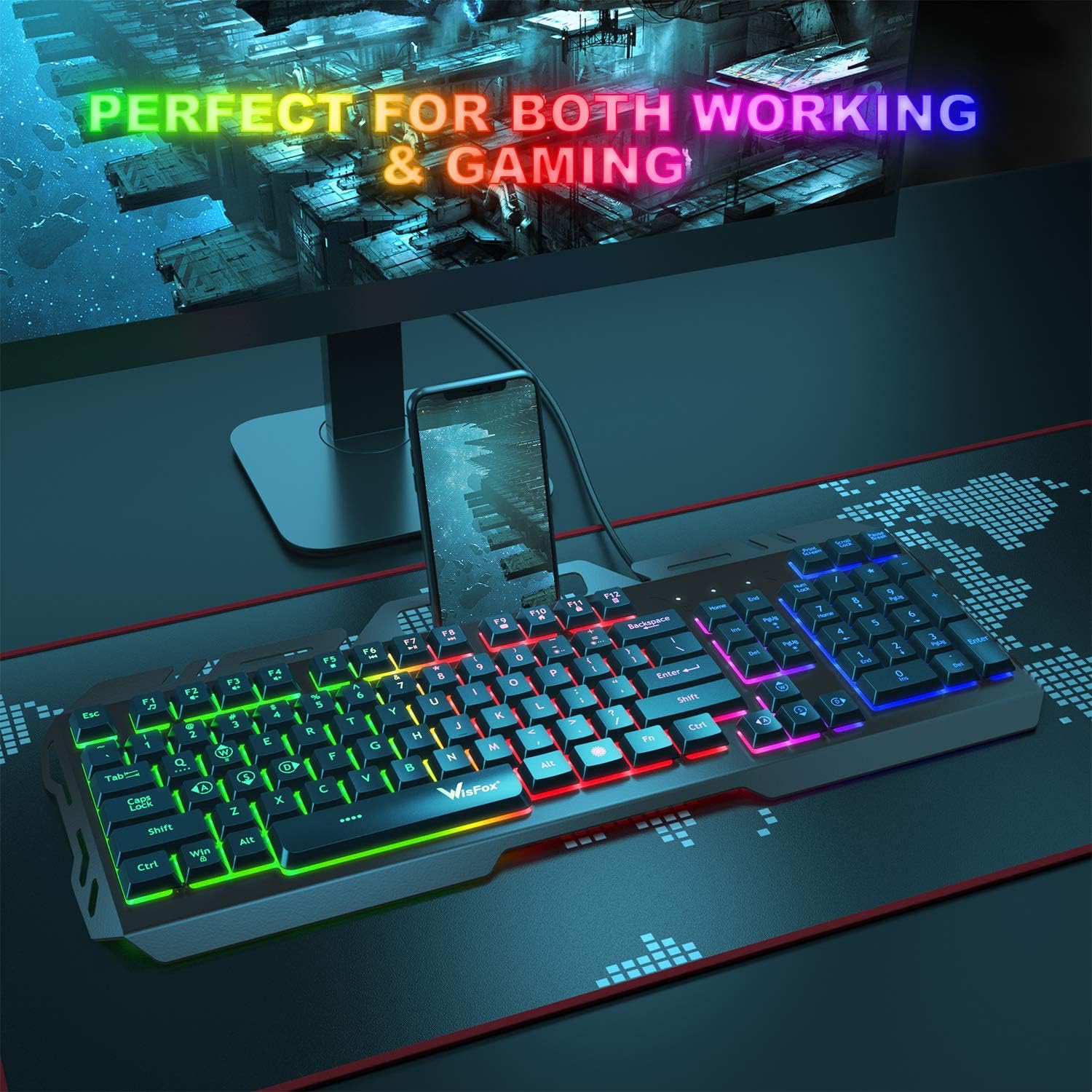 Gaming Keyboard, WisFox Colorful Rainbow LED Backlit Wired Computer Gaming Keyboard with 104 Keys, USB Wired Keyboard and Spill-Resistant for Windows PC Gamers Desktop PS4: Computers & Accessories