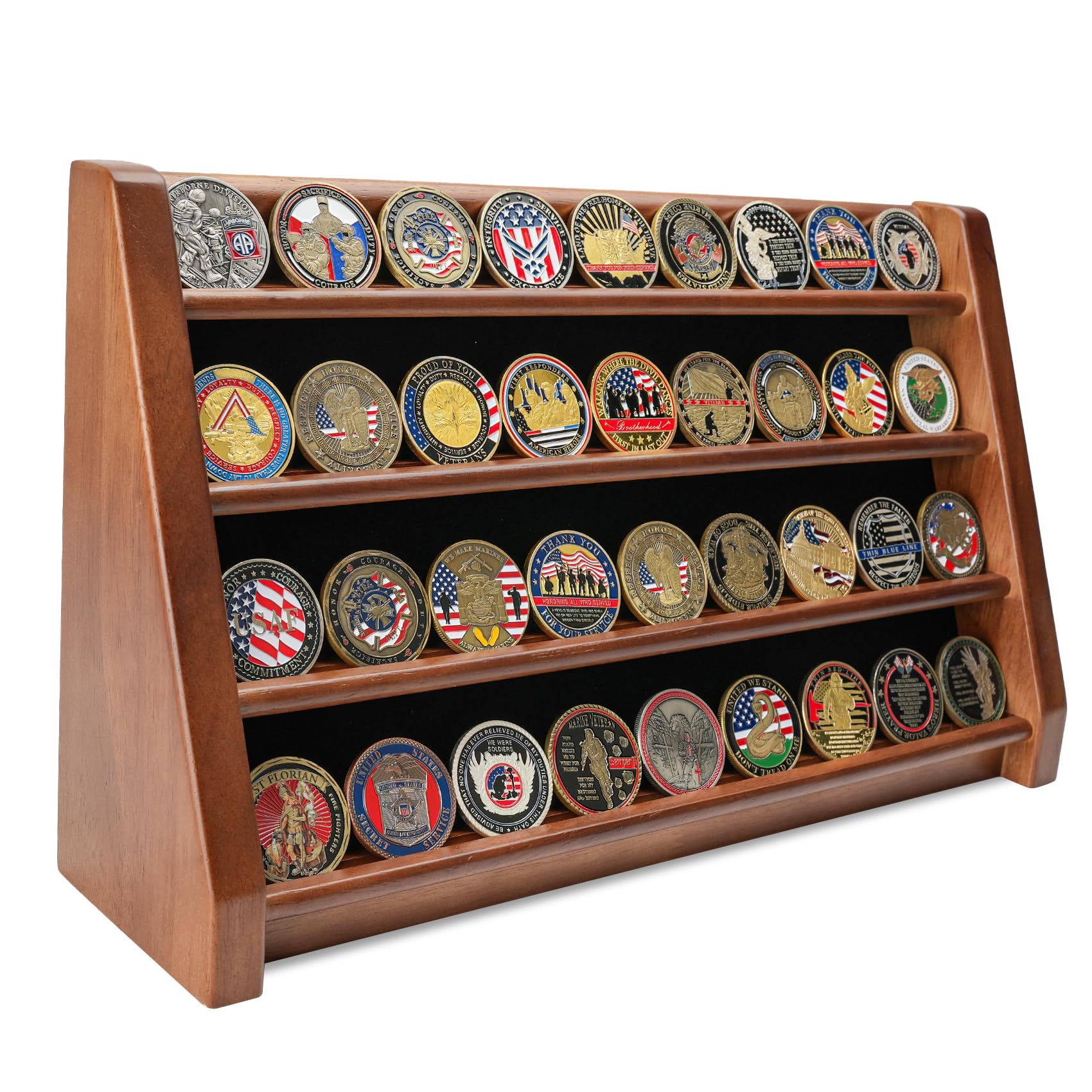 Photo 1 of DecoWoodo Challenge Coin Display Case, 4 Row Solid Wood Military Coin Holder Rack Stand Holds 30 Coins for Desk or Wall Mount, Coin Holders for Collectors (4 Rows Walnut Finish)
