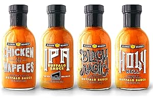 Blonde Beard's Buffalo Sauce Flight - Variety 4 Pack: Buffalo Sauce Sampler Includes Chicken & Waffles, IPA Buffalo, Black Magic, & Holy Hell (Mild - Extra Hot) - Great On Chicken Wings (4 x 12 fl oz)