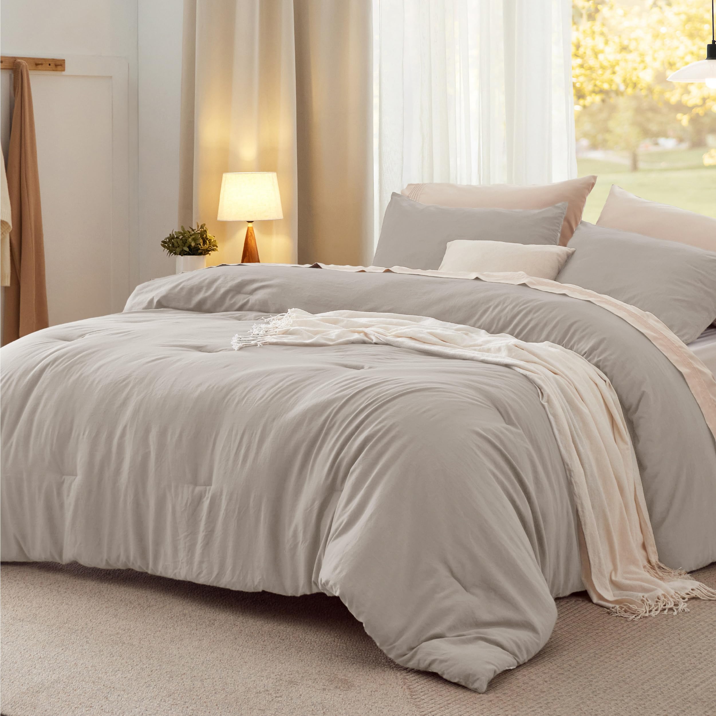 Photo 1 of Bedsure Queen Comforter Set, Linen Soft Prewashed Bedding for All Seasons, 3 Pieces GentleSoft™ Bed Set, 1 Lightweight Comforter (90"x90") and 2 Pillowcases (20"x26")