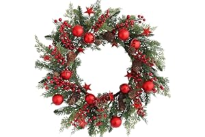 Hometrance Christmas Red Wreaths for Front Door 20 Inches, Xmas Farmhouse Winter Wreath with Bells Balls Berry Stars for Window Outdoor Outside, Artificial Holiday Rustic Wreath for Indoor Porch Decor