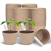 ARGCONNER Peat Pots, 60 Pack Plant Starter Round Nursery Pot with Drainage Holes, Garden Germination Seedling Pots with 30 Plant Labels (4 Inch)