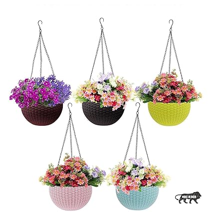 Plastic Hanging Flower Pot, Multicolour, 3 Pcs (Orange, Full)