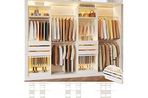 Closet System, 5.7-10.4FT Closet Organizer System with 6 Wood Drawers & LED Glasstop, Wood Walk-in Closet with 5 Hanging Rods