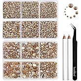 Beadsland 8300PCS Flatback Rhinestones, Gold Rhinestone Round Crystal Rhinestones for Crafts, Mixed 10 Sizes with Wax Pencil and Tweezer Kit, SS3-SS30, Golden Shadow