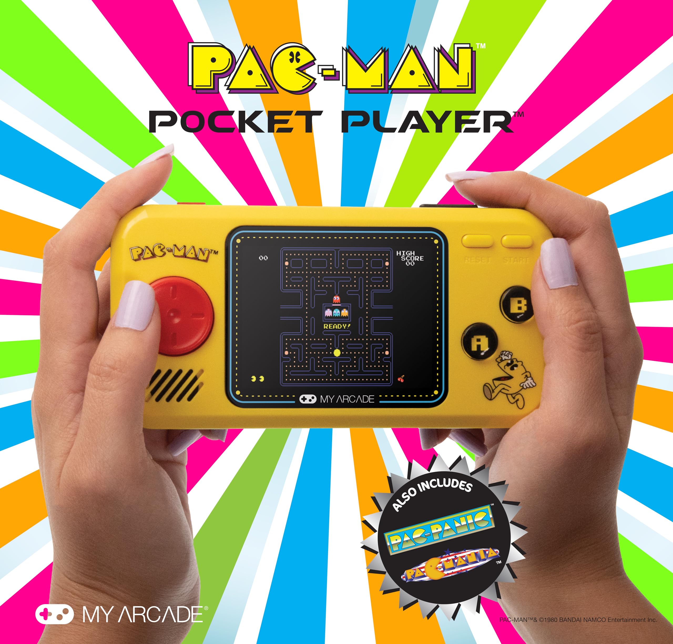 My Arcade Pocket Player Handheld Game Console Pac-Man, Pac-Panic, Pac-Mania, Collectible, Full Color Display, Speaker, Volume Controls, Headphone Jack, Battery or Micro USB Powered - Electronic Games