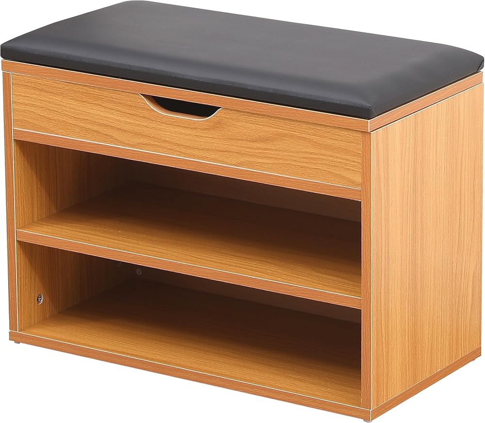 AVC Designs Pine 60cm Shoe Bench with Seat Cushion Storage Cabinet Organizer
